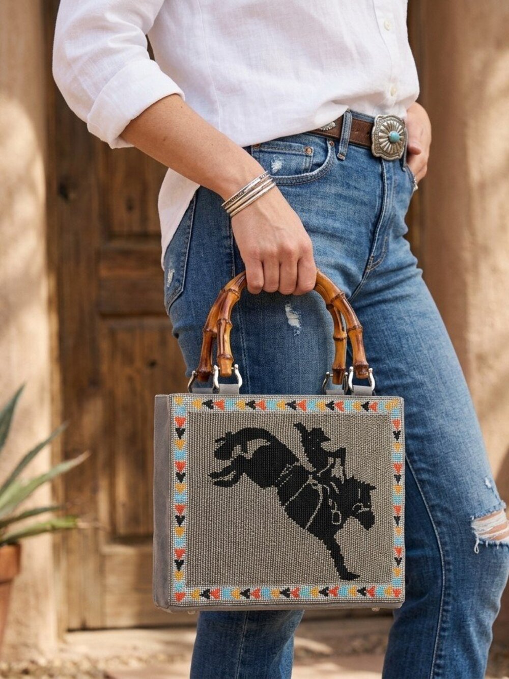 Free Rein Western Hand Beaded Bag in Grey with Bamboo Handle
